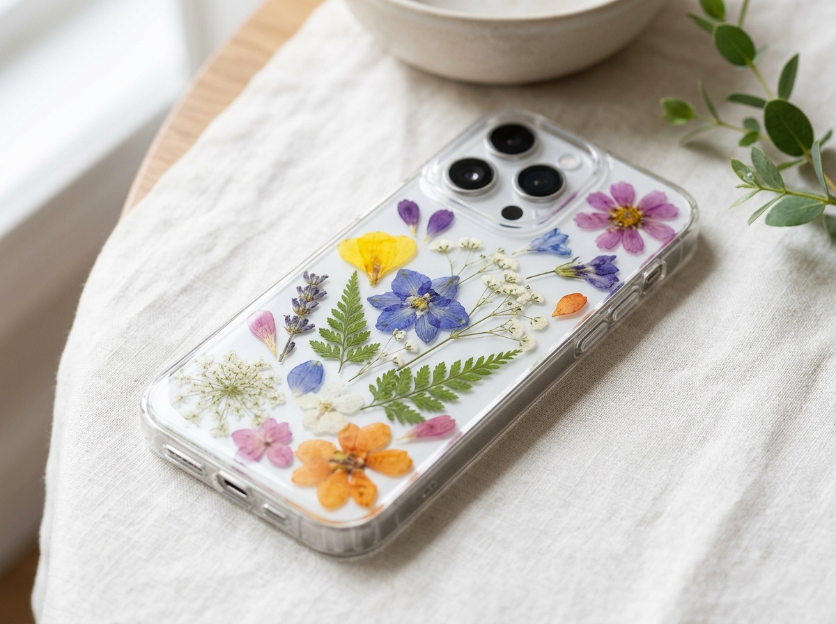 Funda Botánica con Flores Reales en Resina Cristal