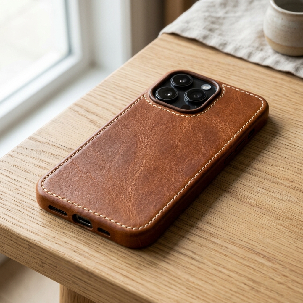 Funda de Cuero Coñac con Pespunte Perimetral